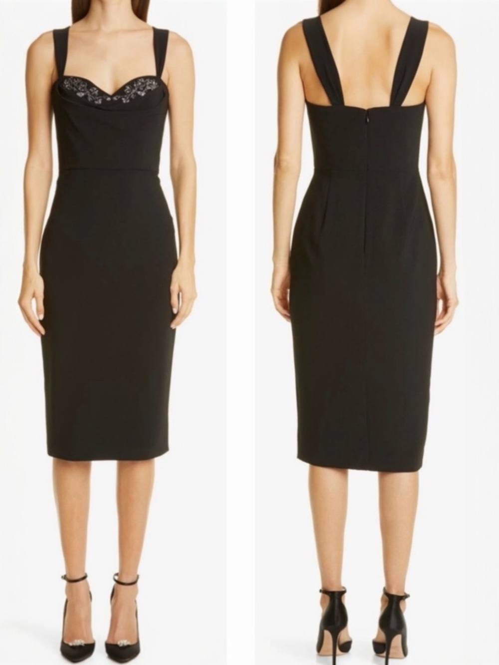 Marchesa Notte Crystal Embellished Cowl Neck Crepe Sheath Cocktail Midi Dress